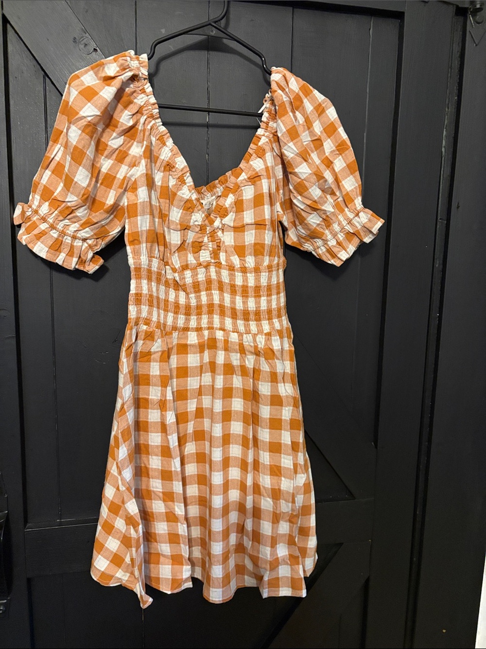 Promesa Orange and White Gingham Puff Sleeve Dress